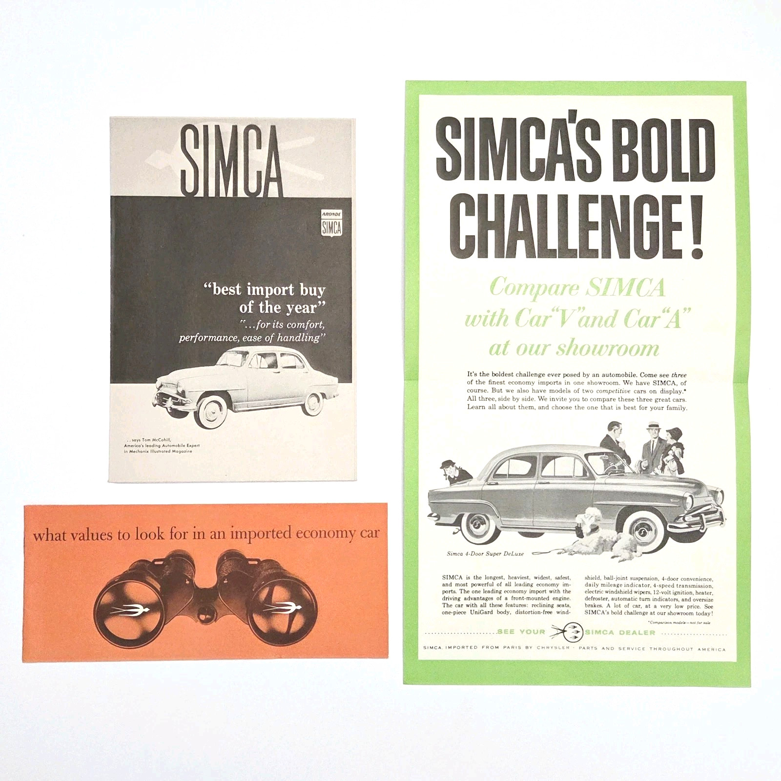 SIMCA Brochure Lot French Import Car 3 Pcs Vintage Dealer Advertising Literature