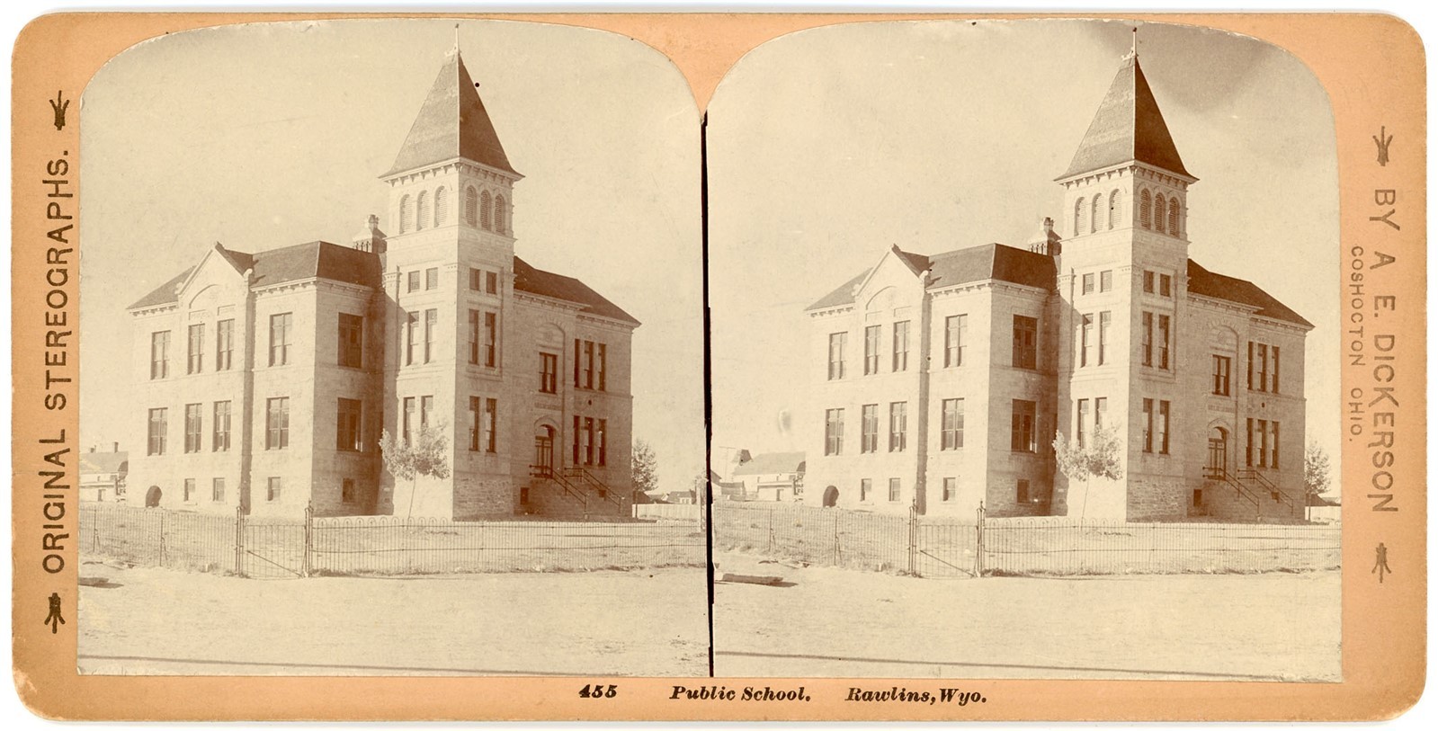 WYOMING STEREOVIEW - Rawlins - Public School - AE Dickerson 1890s