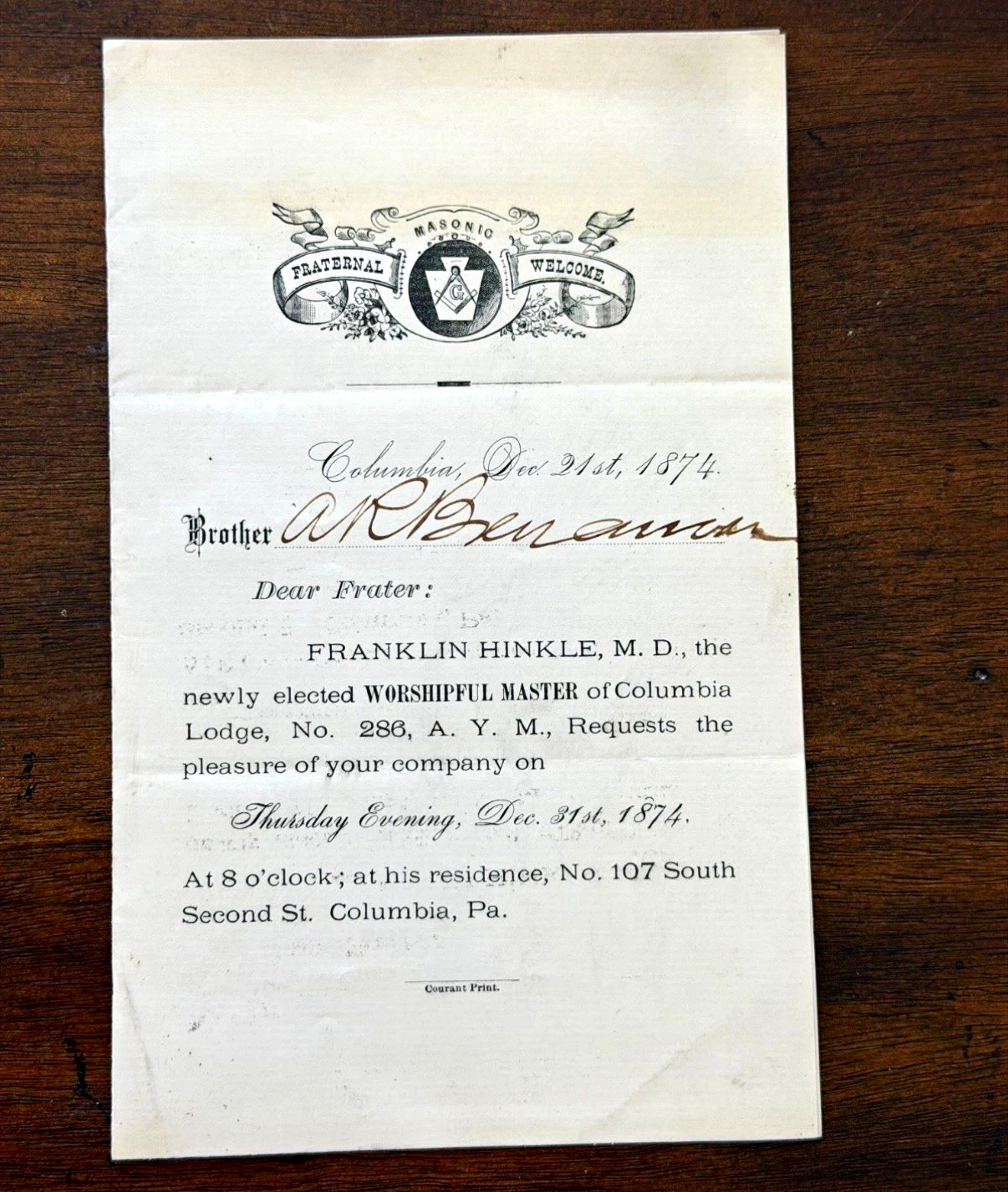 1874 Masonic Welcome Invitation Letter Columbia Lodge No. 286 A.Y.M. Columbus OH