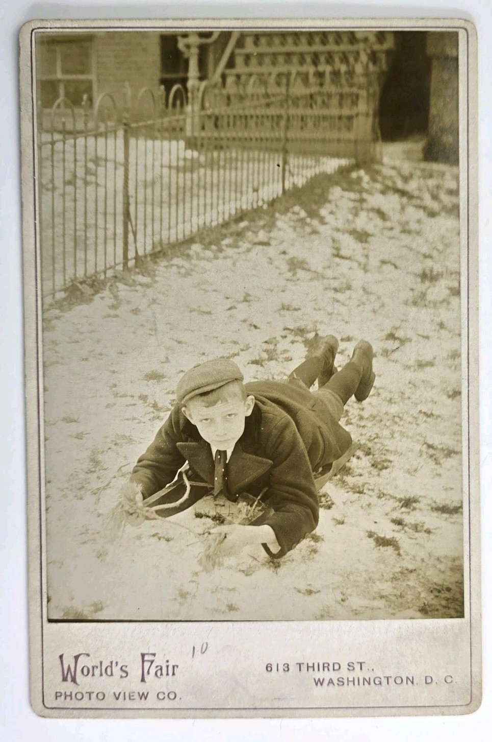 Antique Cabinet Photo ID\'d Victorian Boy Outdoor Christmas Sled Washington DC