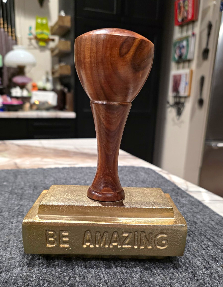 Vintage Brass & Wood Oversized Desk Stamp Paperweight \