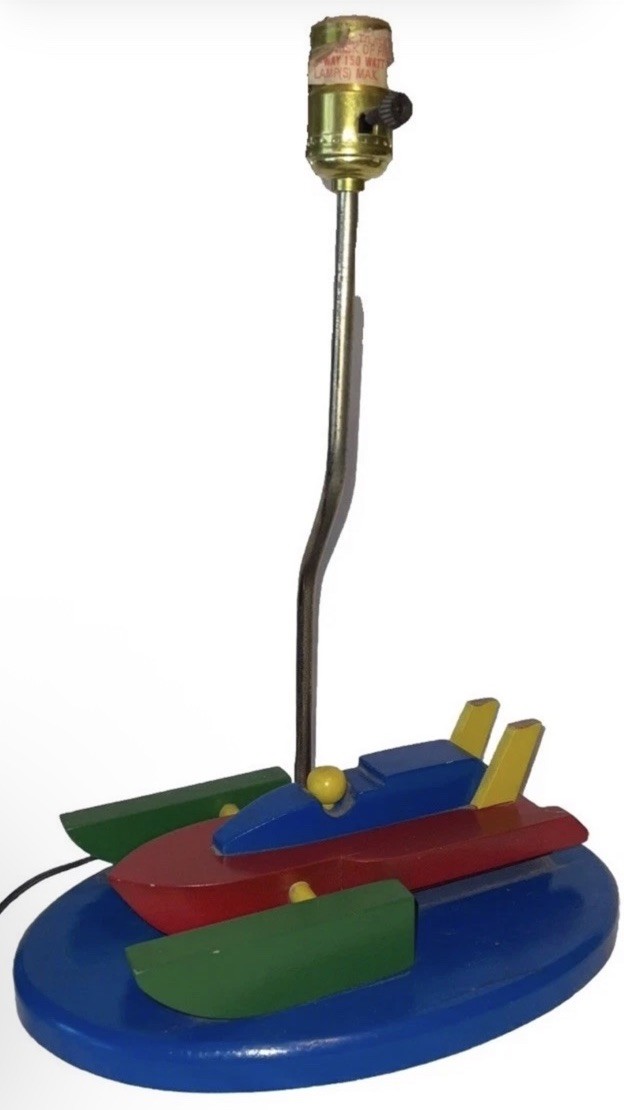 Vintage Fun Children\'s Colorful Bedroom Table Lamp Painted Wood Speedboat