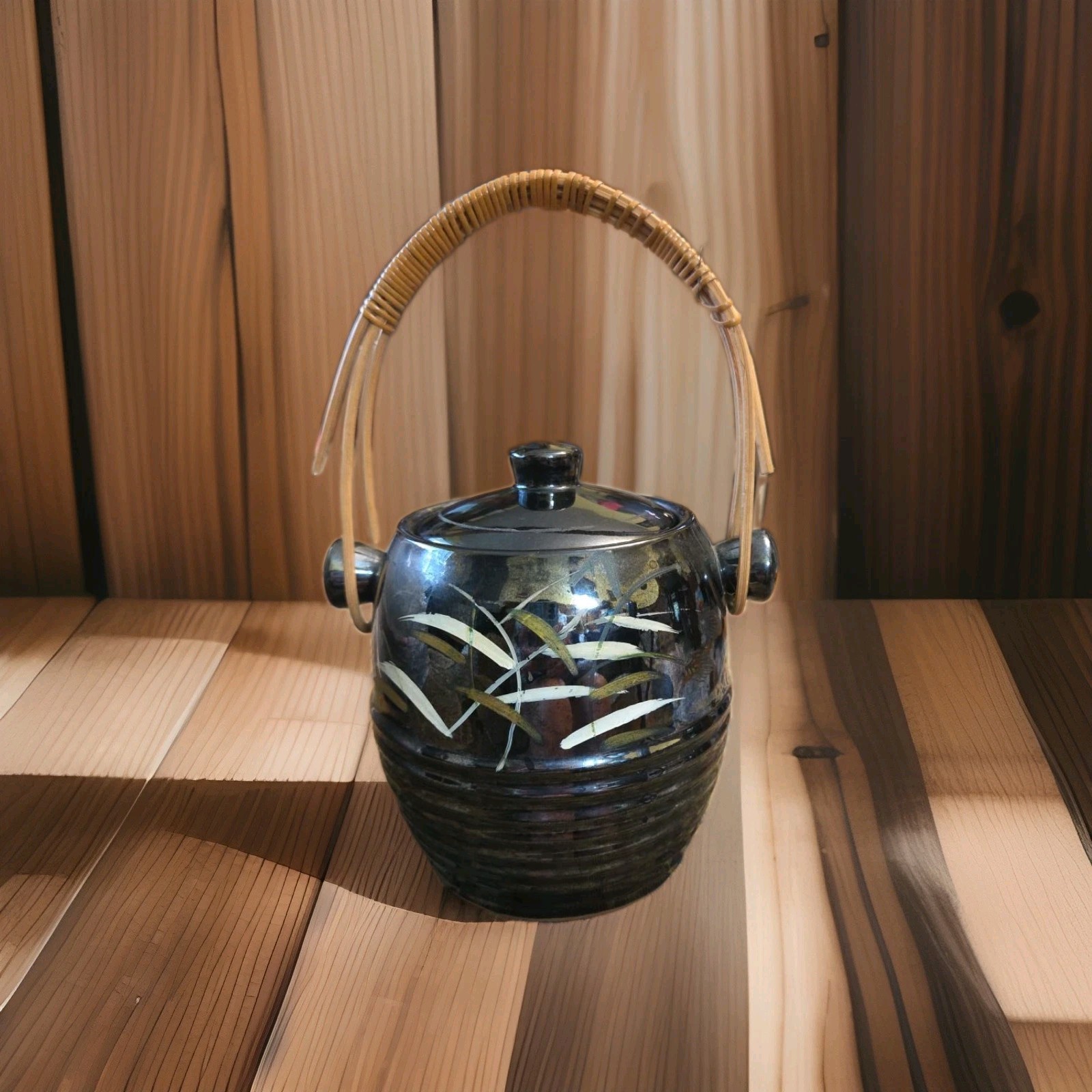 Vintage Japanese ceramic biscuit barrel / cookie jar with bamboo swing handle