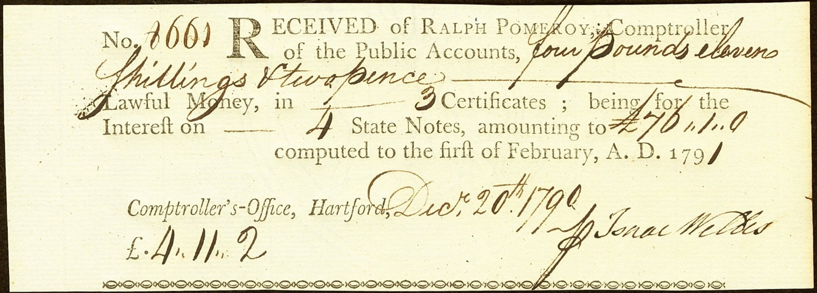 CT  HARTFORD Connecticut July 23, 1790 Comptroller’s Office Interest Certificate
