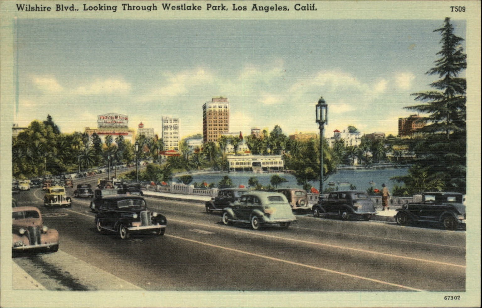 Wilshire Blvd Westlake Park Los Angeles California ~ 1930-40s cars ~ postcard