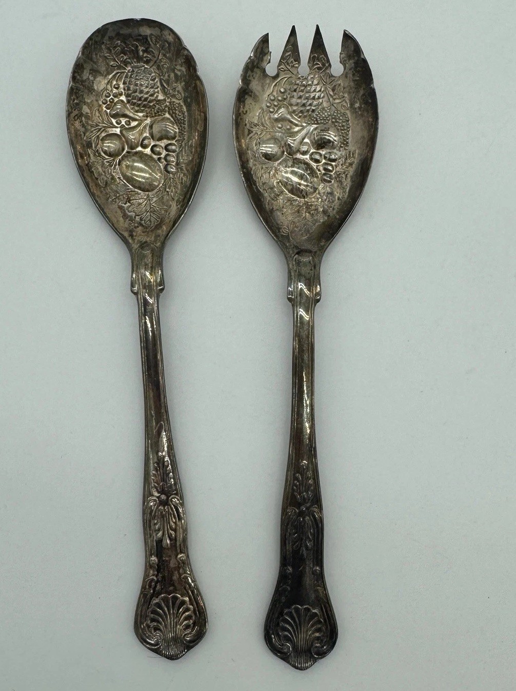 Antique FB Rogers Silver Plated Salad Serving Set Italy Fruit Pattern EPNS 9in