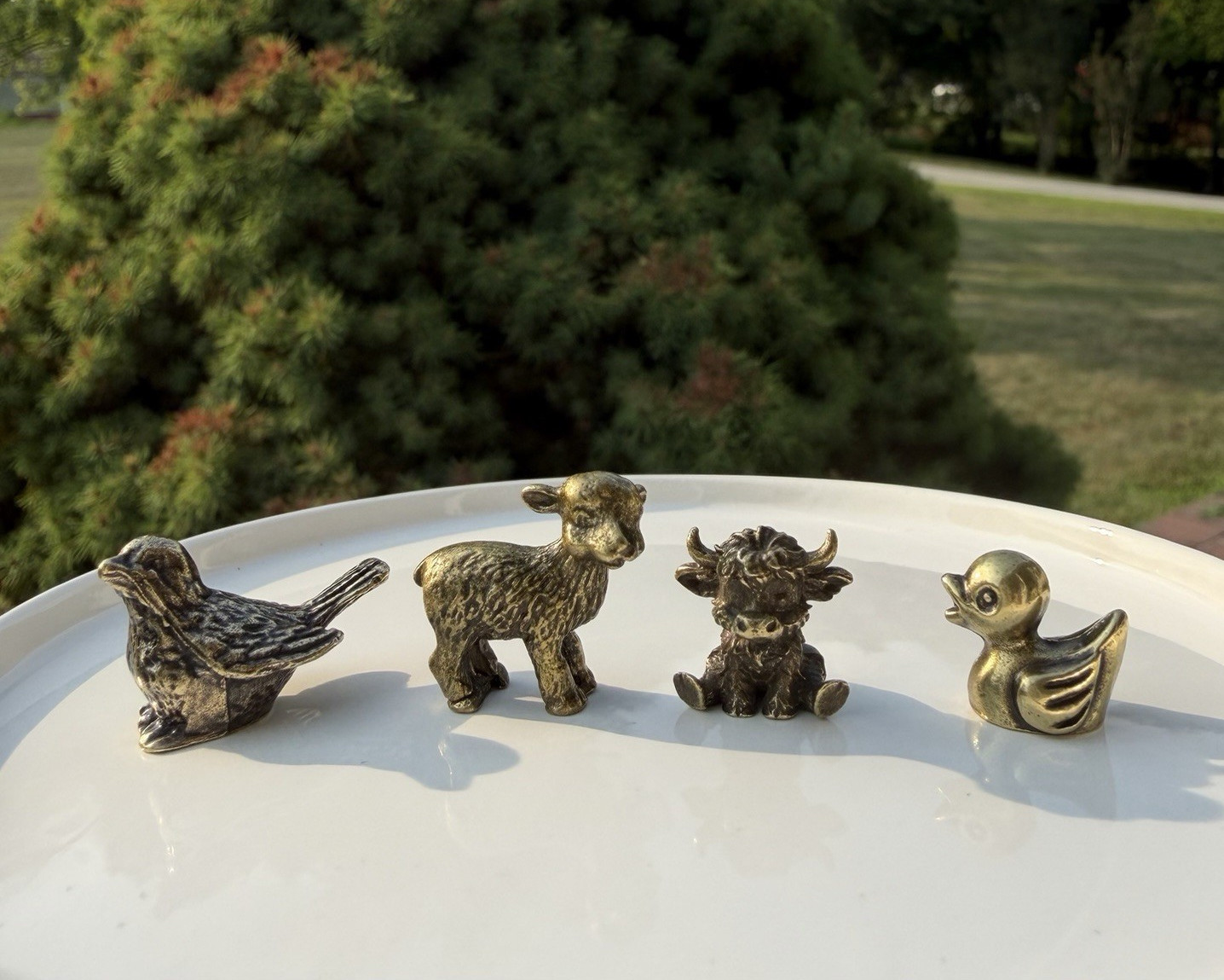 Miniature Brass Animal Figurines Set - Highland Cow, Lamb, Duck and Sparrow