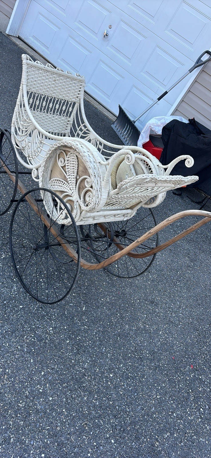 Vintage Baby Carriage Victorian White Chippy Stroller Wicker Wood Metal