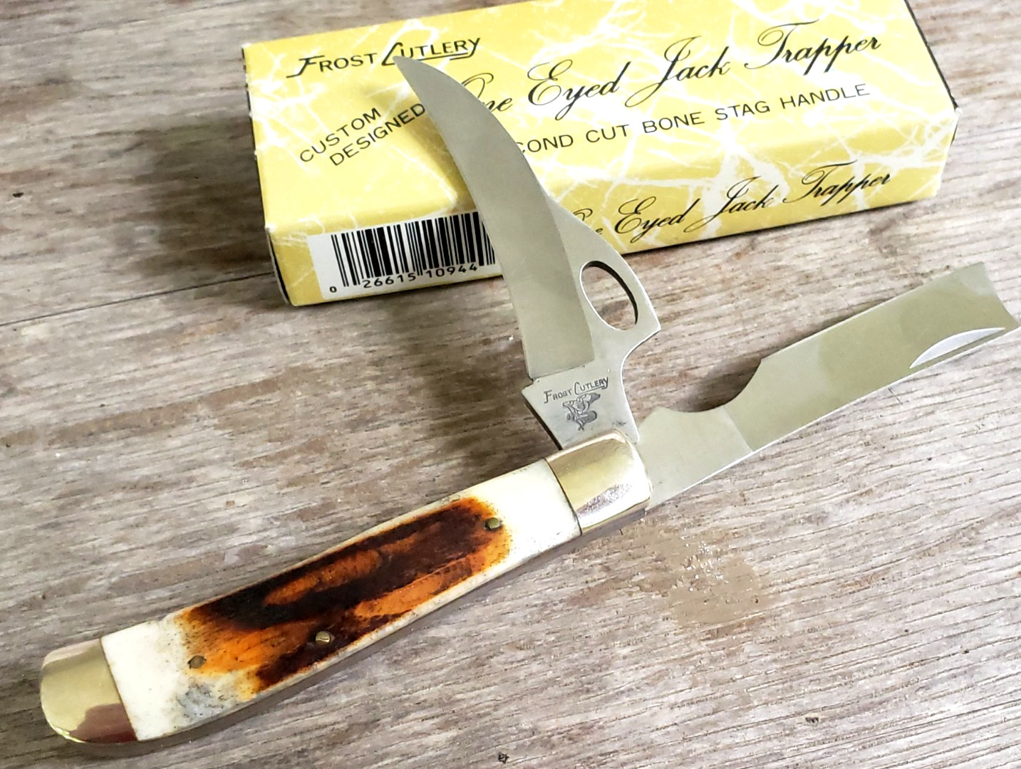 VTG Frost Cutlery One Eyed Jack Trapper Second Cut Bone Stag Handle in Box Knife