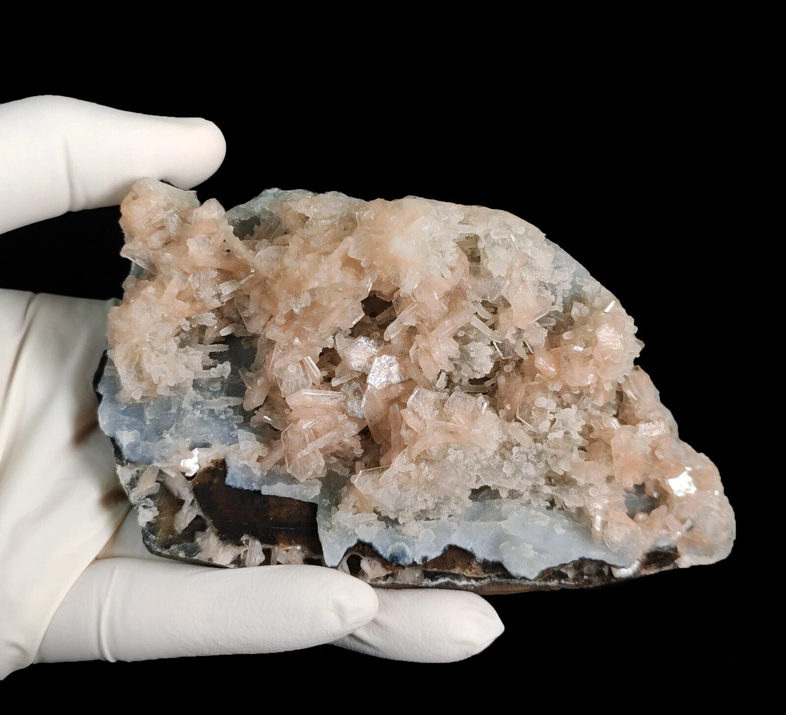 328g Natural Pink Stilbite Cluster on Blue Chalcedony Minerals