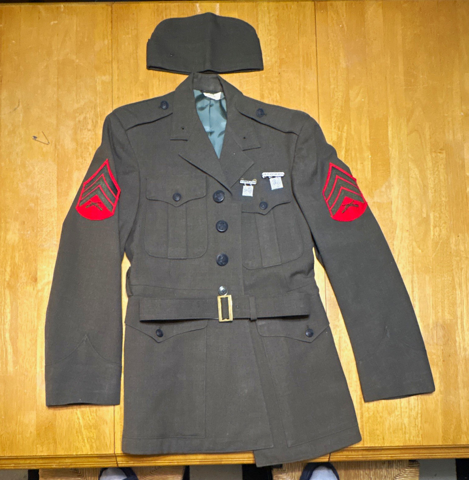Vintage Bancroft Industries U.S. Army Dress Green Class A Jacket, Belt & Cap 35R