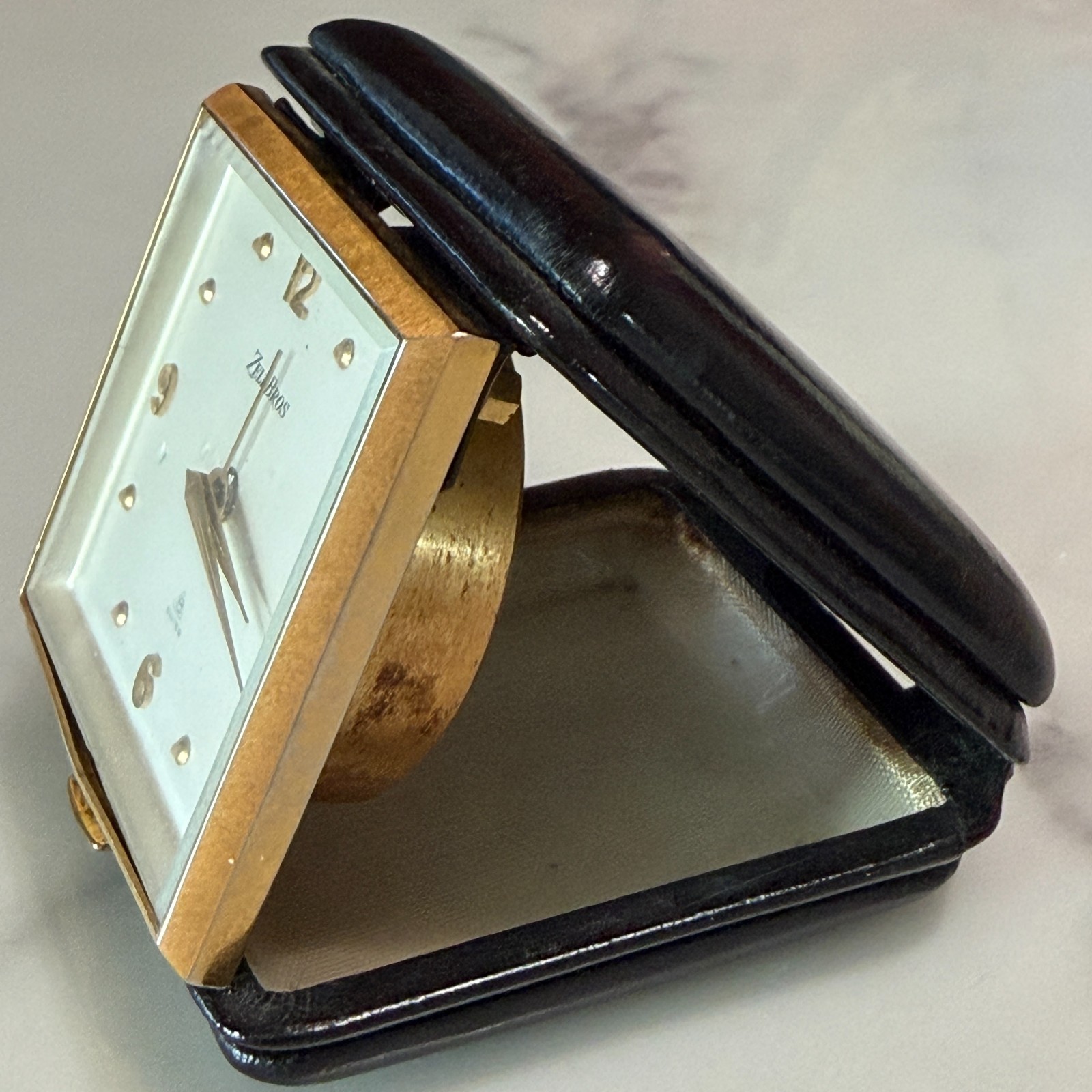 Vintage Zell Bros Swiss Travel Clock Black Folding Case Gold Tone MCM