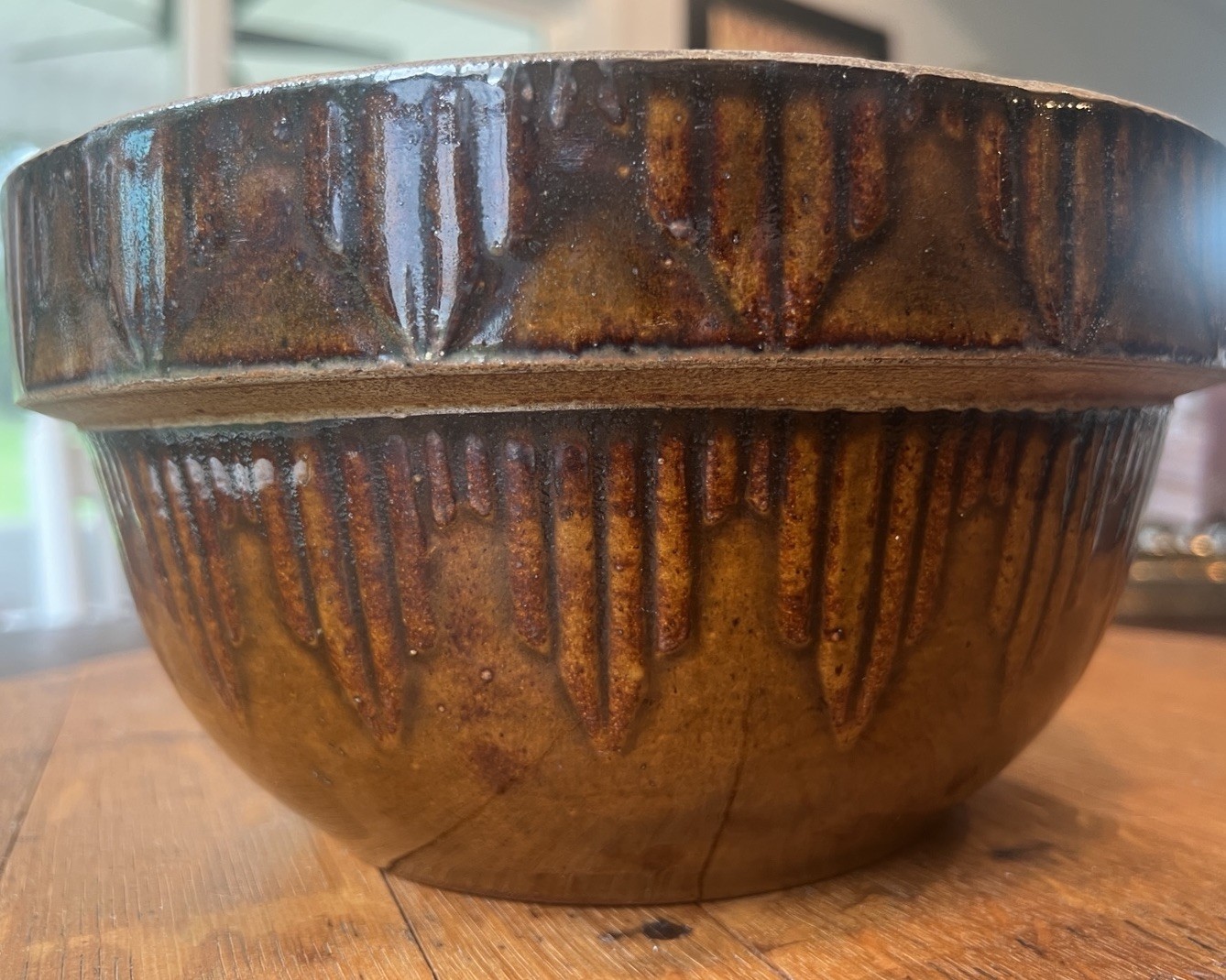 Antique Ruckels Stoneware Mixing Bowl 10” Picket Fence Pattern