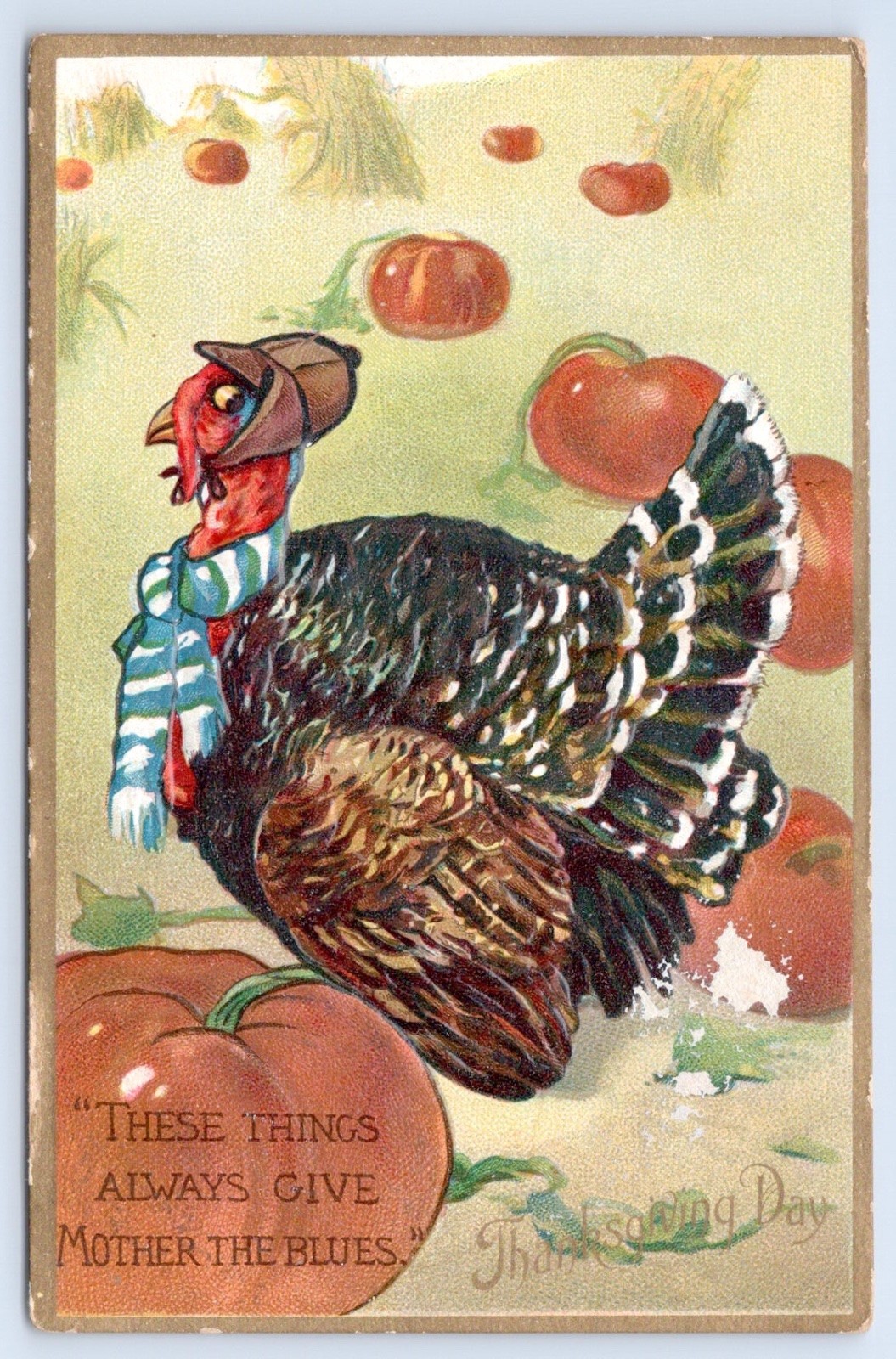 Thanksgiving Day Turkey Hat Scarf Pumpkins Comic Embossed Tuck Postcard- As Is