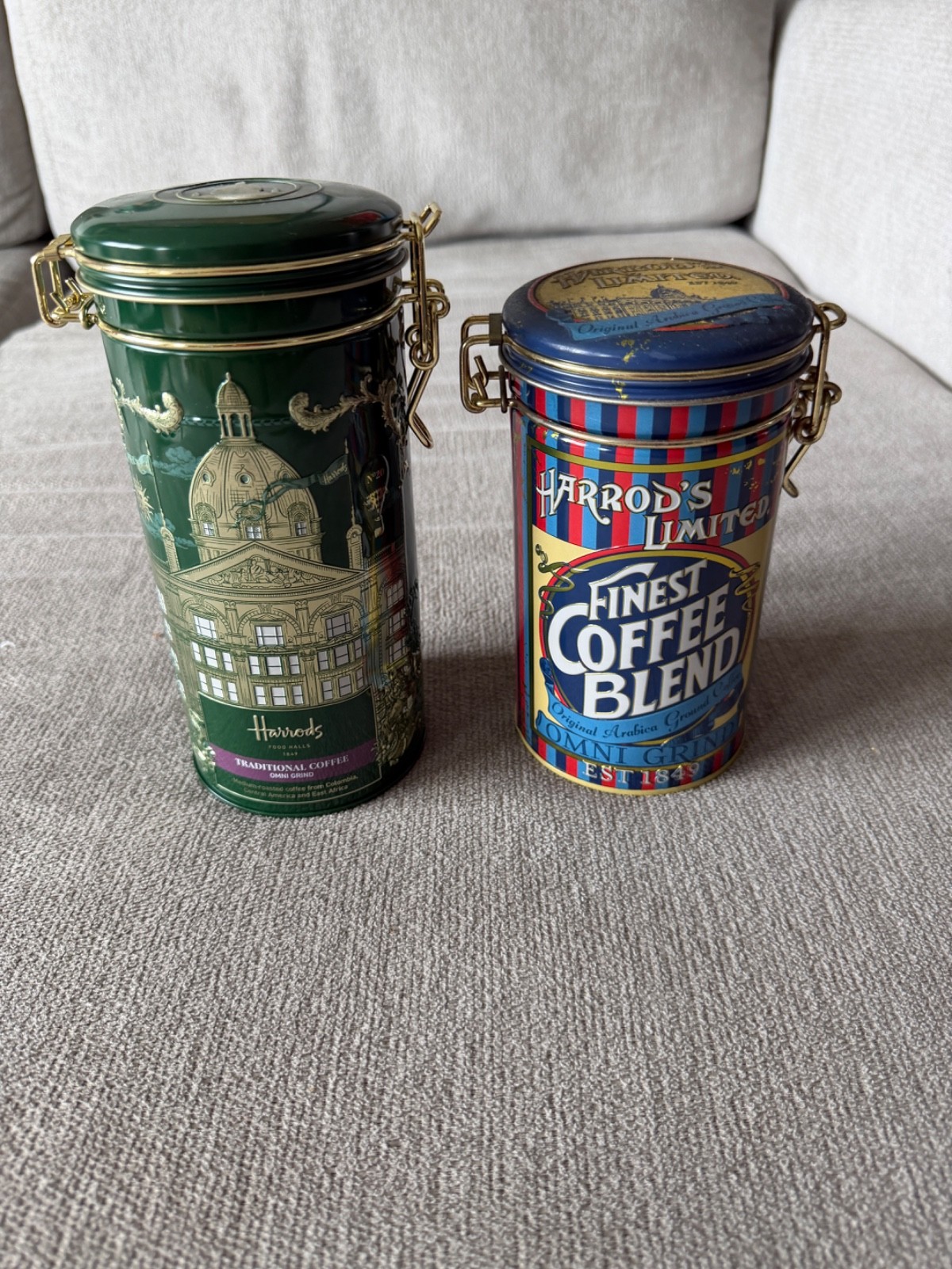 Harrods Vintage Tin Coffee Can with Lid Empty Collectible Tin Vintage lot of 2