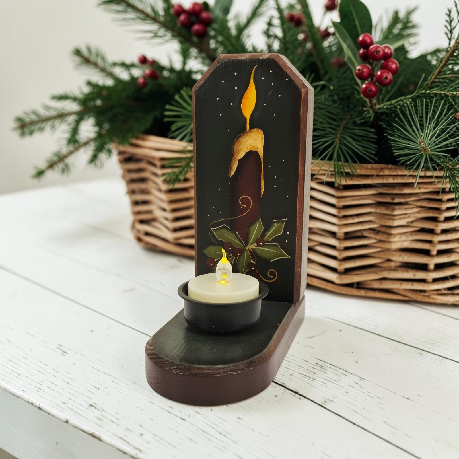 Wood Painted Farmhouse Christmas Candle Holder Folk Art Matte Tea Light 6.25 Wood Painted Farmhouse Christmas Candle Holder Folk Art Matte Tea Light 6.25