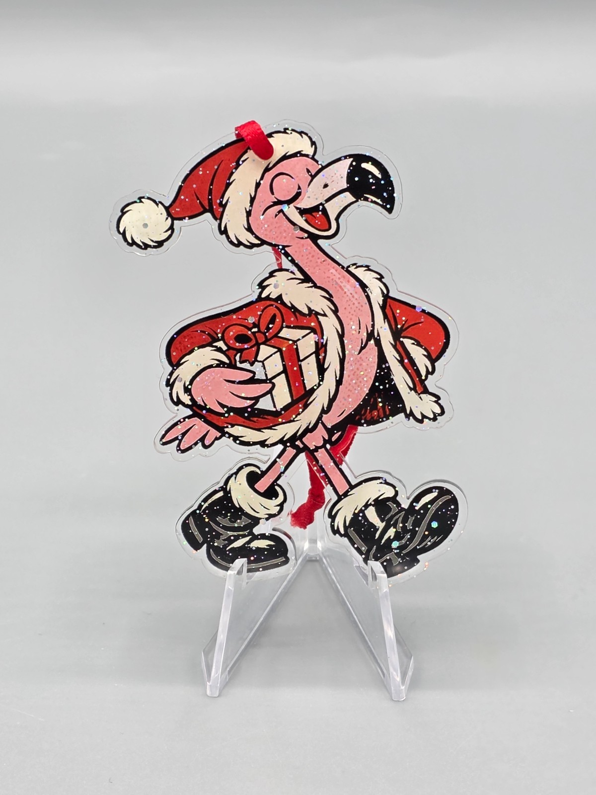 Santa Claus Flamingo Retro Vintage Die Cut Acrylic Christmas Tree Ornament.