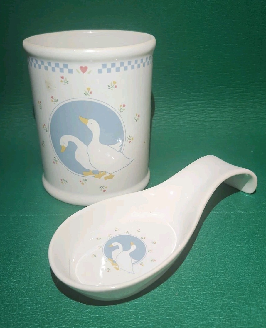 Vintage Moonlight Ten Strawberry Street Goose Utensil Holder and Spoon, Rare Vintage Moonlight Ten Strawberry Street Goose Utensil Holder and Spoon, Rare
