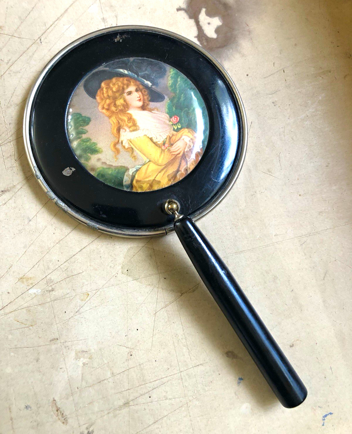 Vintage Round Hand Mirror w/ Painted Lady Portrait Insert, Black Handle Metal