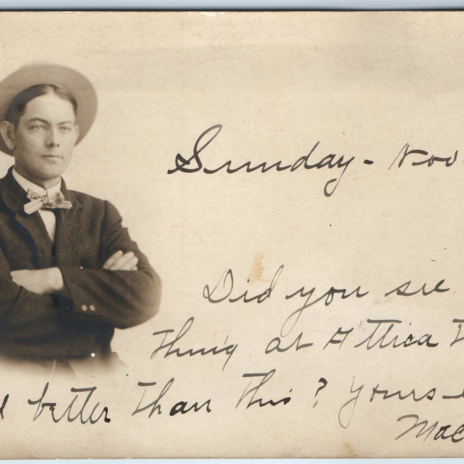 c1900s Handsome Handsome Man Bow Tie Hat Portrait RPPC Indianapolis IN Postcard