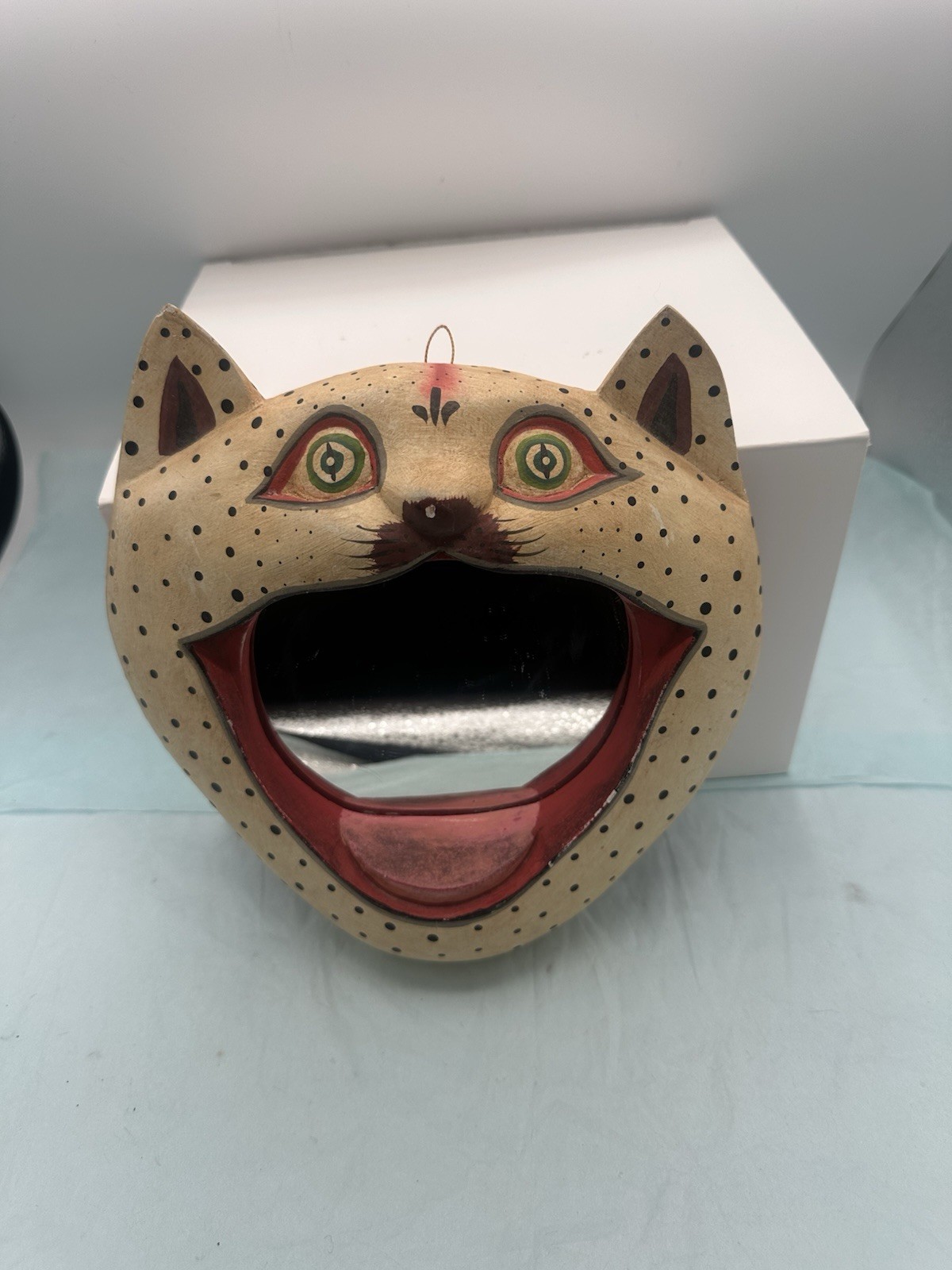 Vintage Indonesia Wood Cat Wall Mask Mirror Folk Art Hand Painted 8.5\