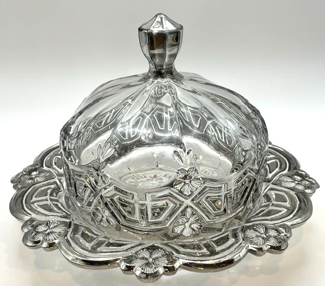 Antique EAPG  Athenia Reverse 44 Butter Keeper with Lid Platinum Trim 1912