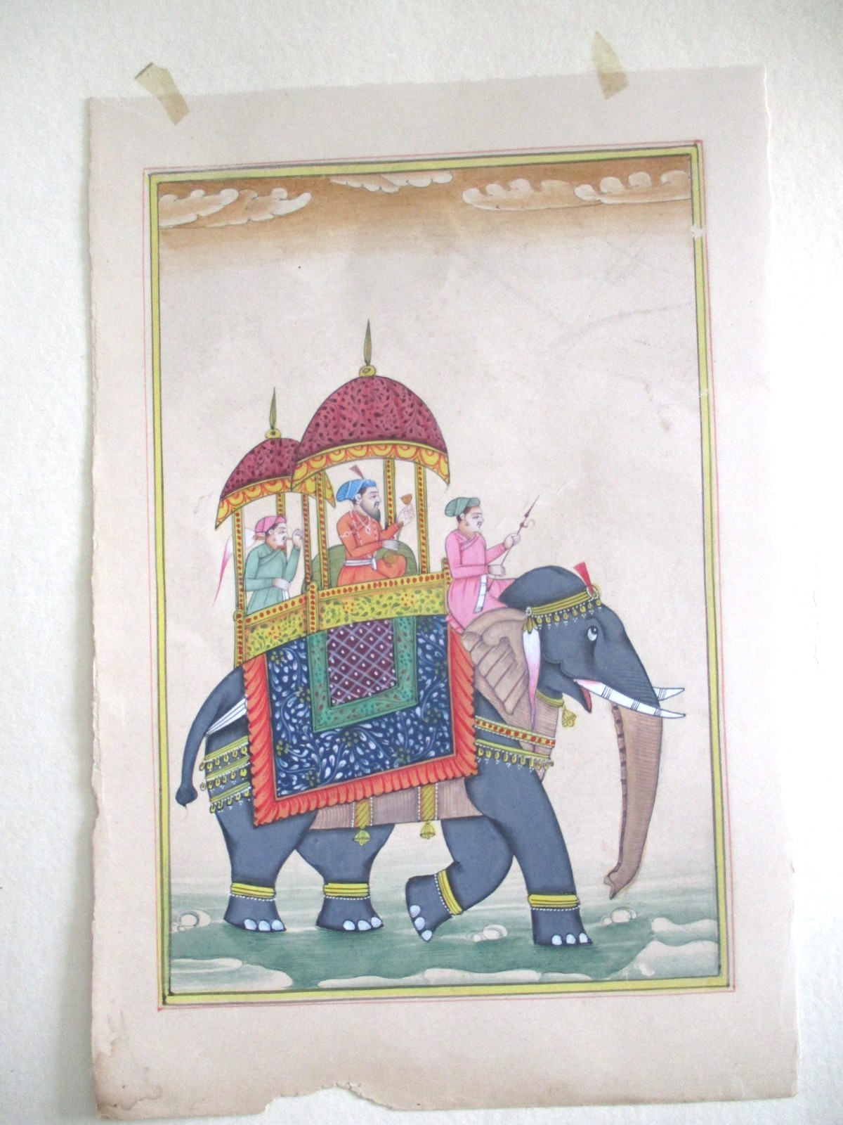 ANTIQUE MINIATURE PAINTING OF KINGS PROCESSION ON ELEPHANT 1900'S .