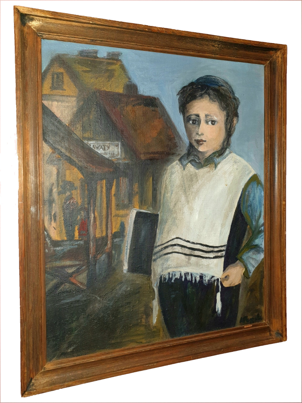 Old vintage Oil painting Judaica portrait of a Jewish boy against a city town