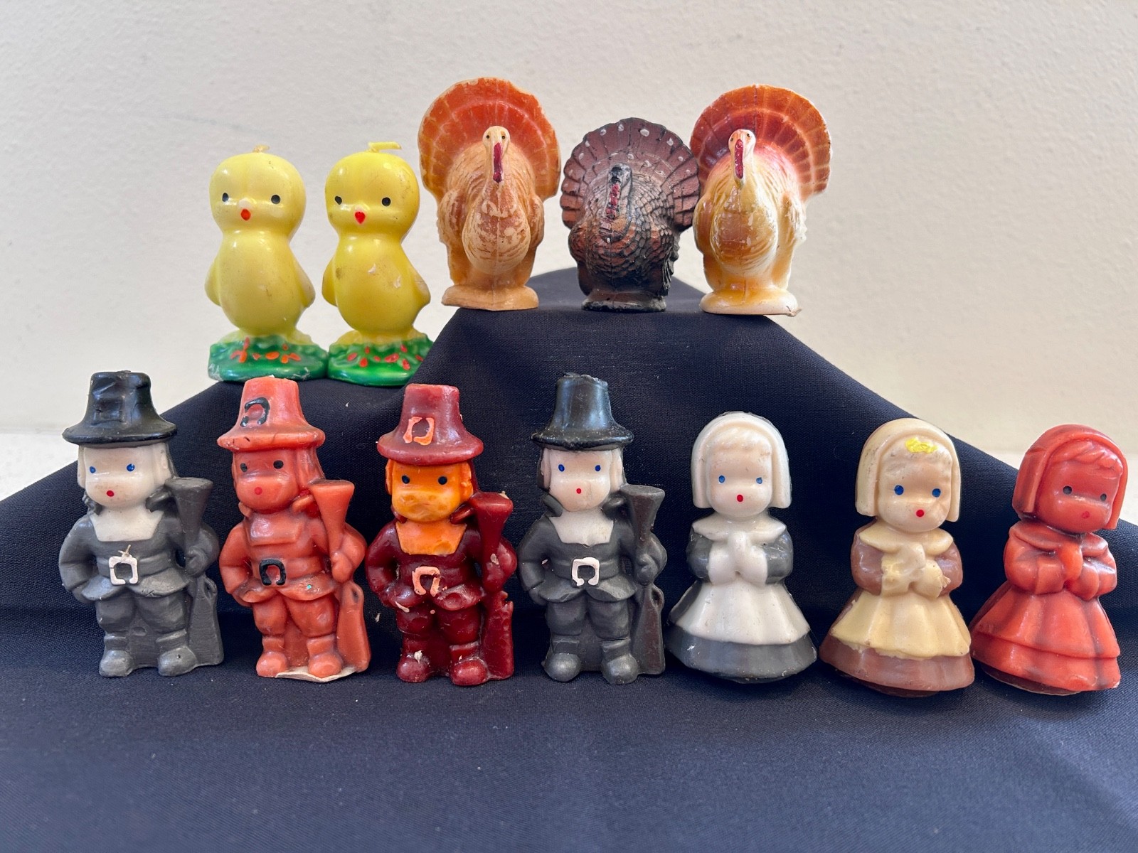 Vintage Gurley Candles Lot 12 Thanksgiving Pilgrims Turkeys Chicks 1950s Wax