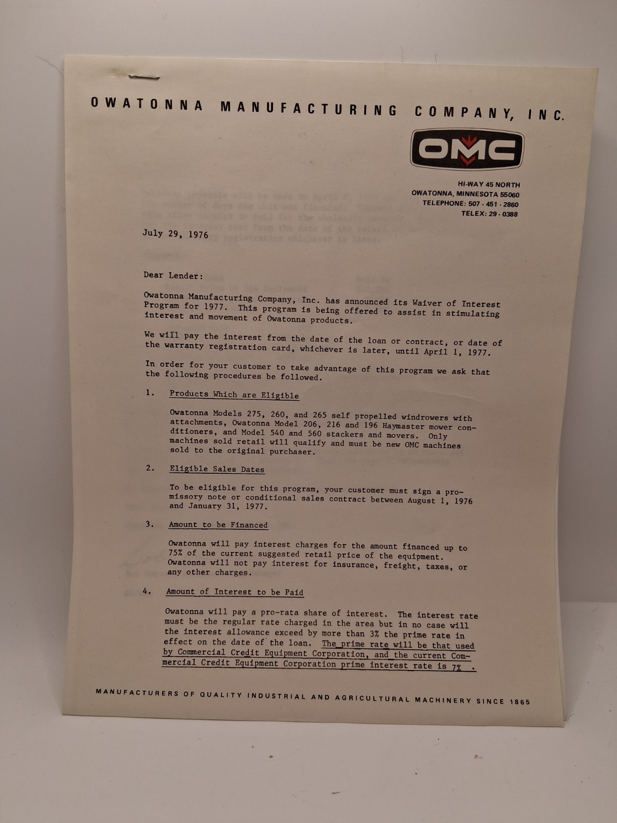 Vtg. 1976 OMC Dealer Letter