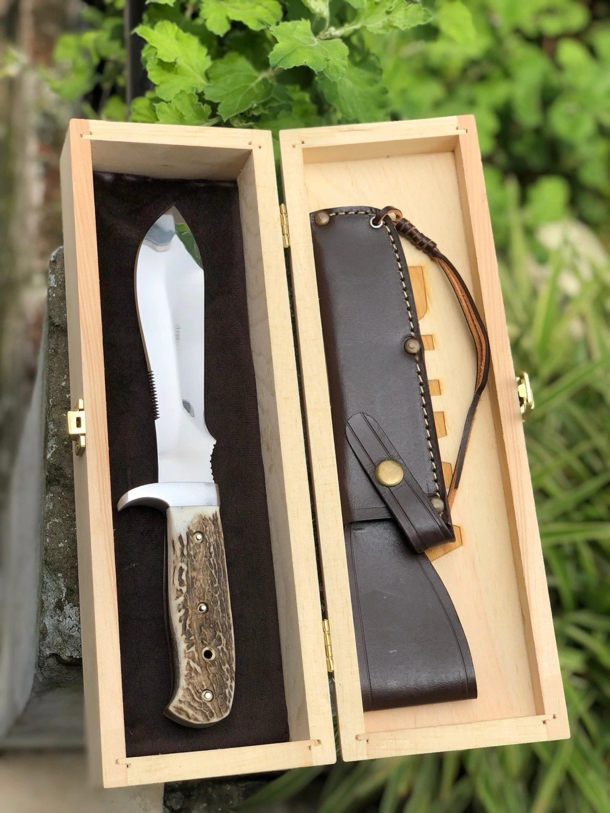 Handmade Knife German Style Fixed Blade Stag Handle Leather Sheath with Box gift
