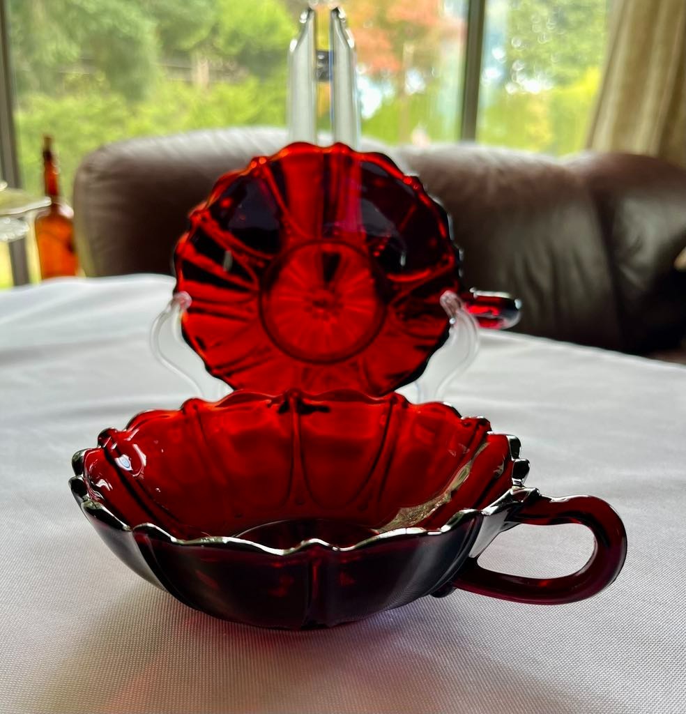 Anchor Hocking Royal Ruby Red Oyster And Pearl Single Handle Dish Set of 2