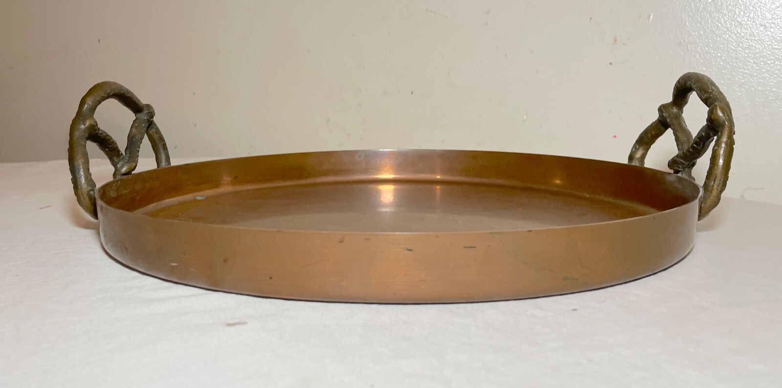 vintage thick copper brass pretzel handle circular centerpiece serving platter