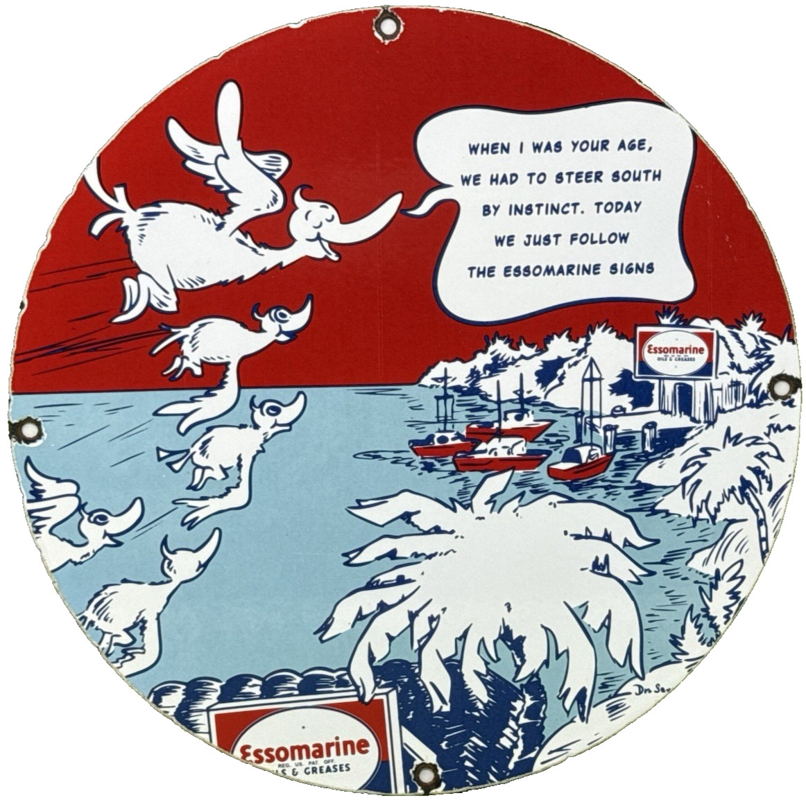 VINTAGE ESSO MARINE GASOLINE PORCELAIN SIGN GAS STATION OIL PUMP PLATE DR SEUSS