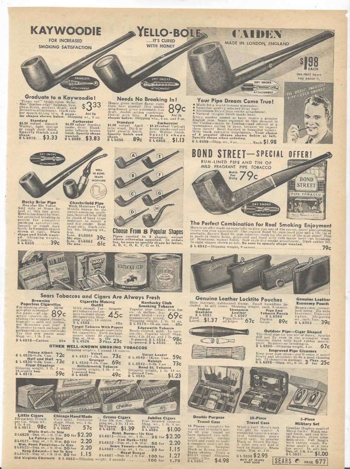 1939 Sears Catalog Ad Page KAYWOODIE BOND STREET CHICAGO CIGAR BRIEF CASE WALLET
