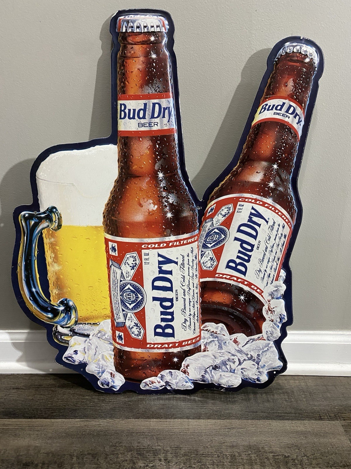 Vintage Budweiser Bud Dry Die Cut Tin Sign Beer Bottle & Mug Breweriana