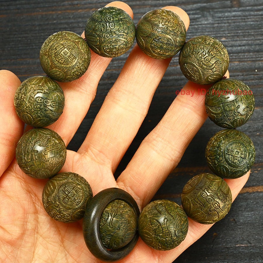 20mm *12 Pcs Prayer Beads Grade A Green Wood Carved Pixiu Bracelet Lucky Rosary