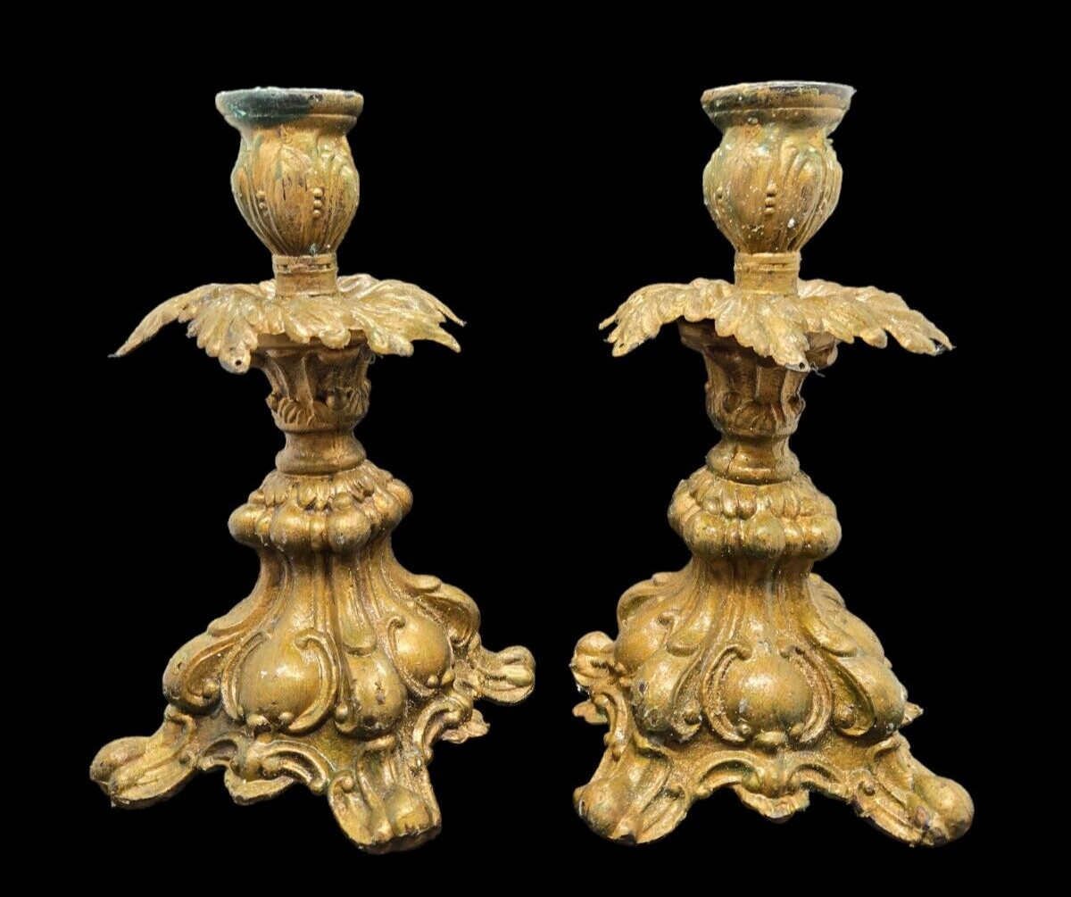 Cast Metal Hollywood Regency Candleholder pair Pierced for Prisms