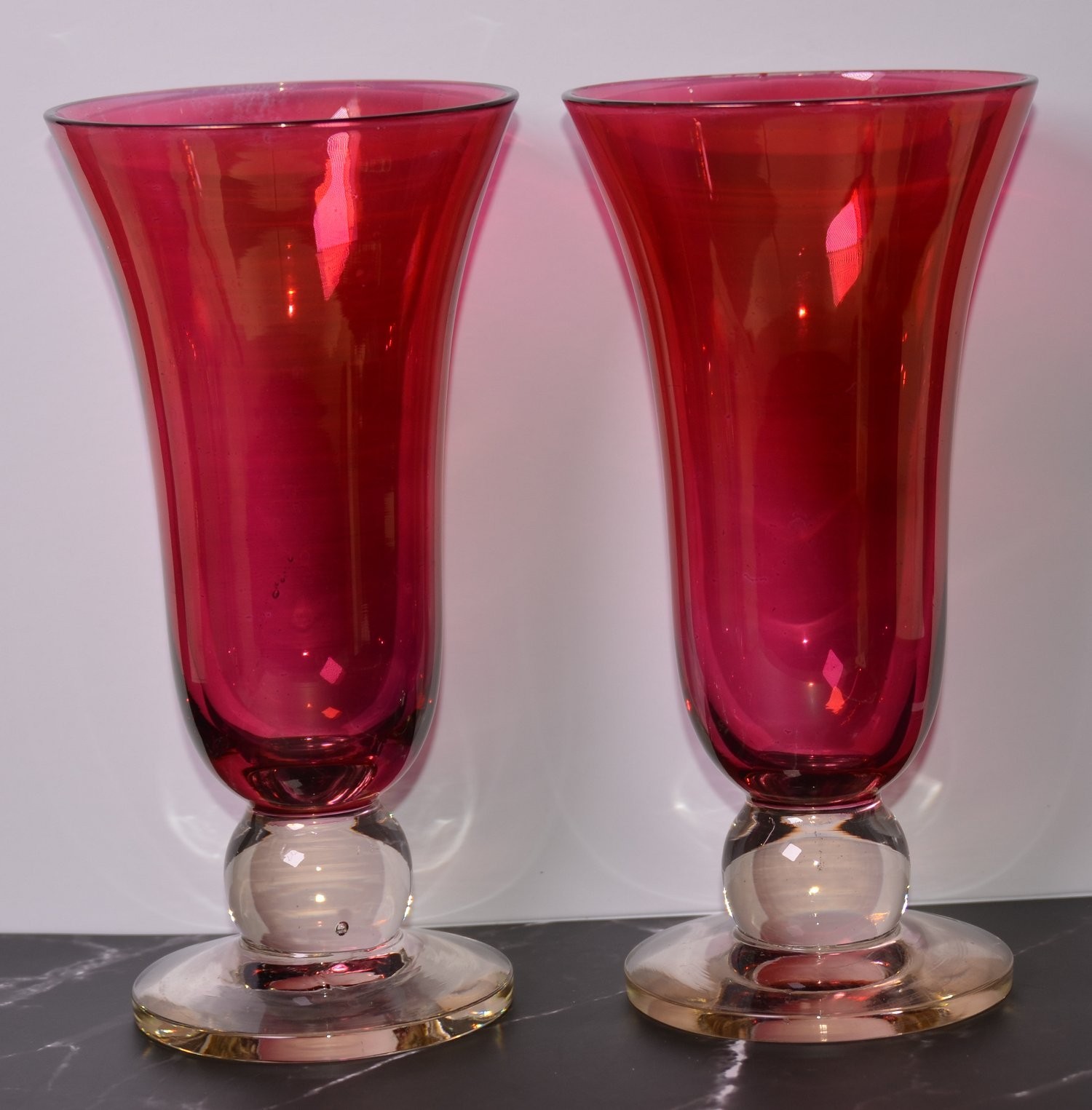 (2) Vintage Clear CRANBERRY Glass Stemmed VASES / CANDLEHOLDERS 8.5\
