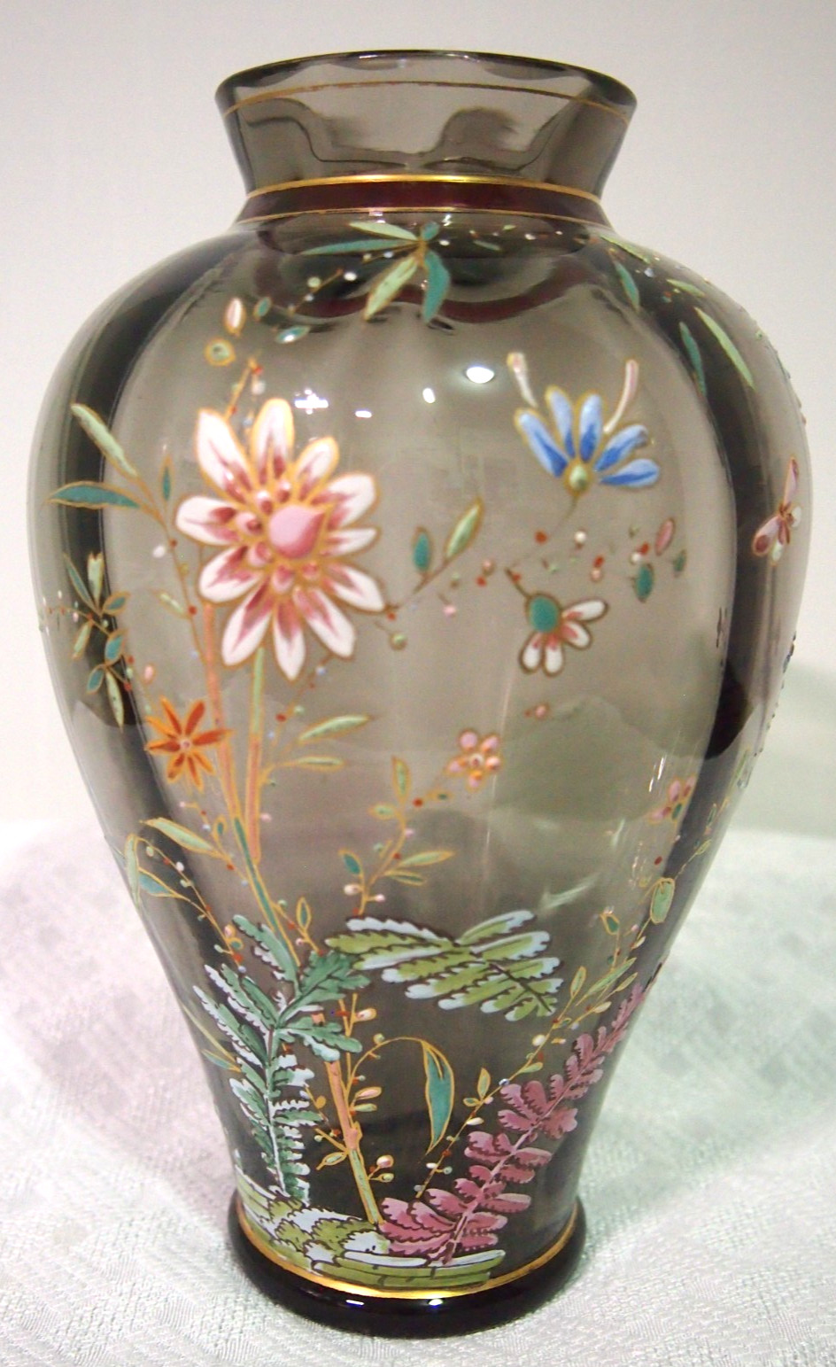 Antique MOSER Smokey Crystal Enameled Vase Featuring Flowers & Ferns 8.5\