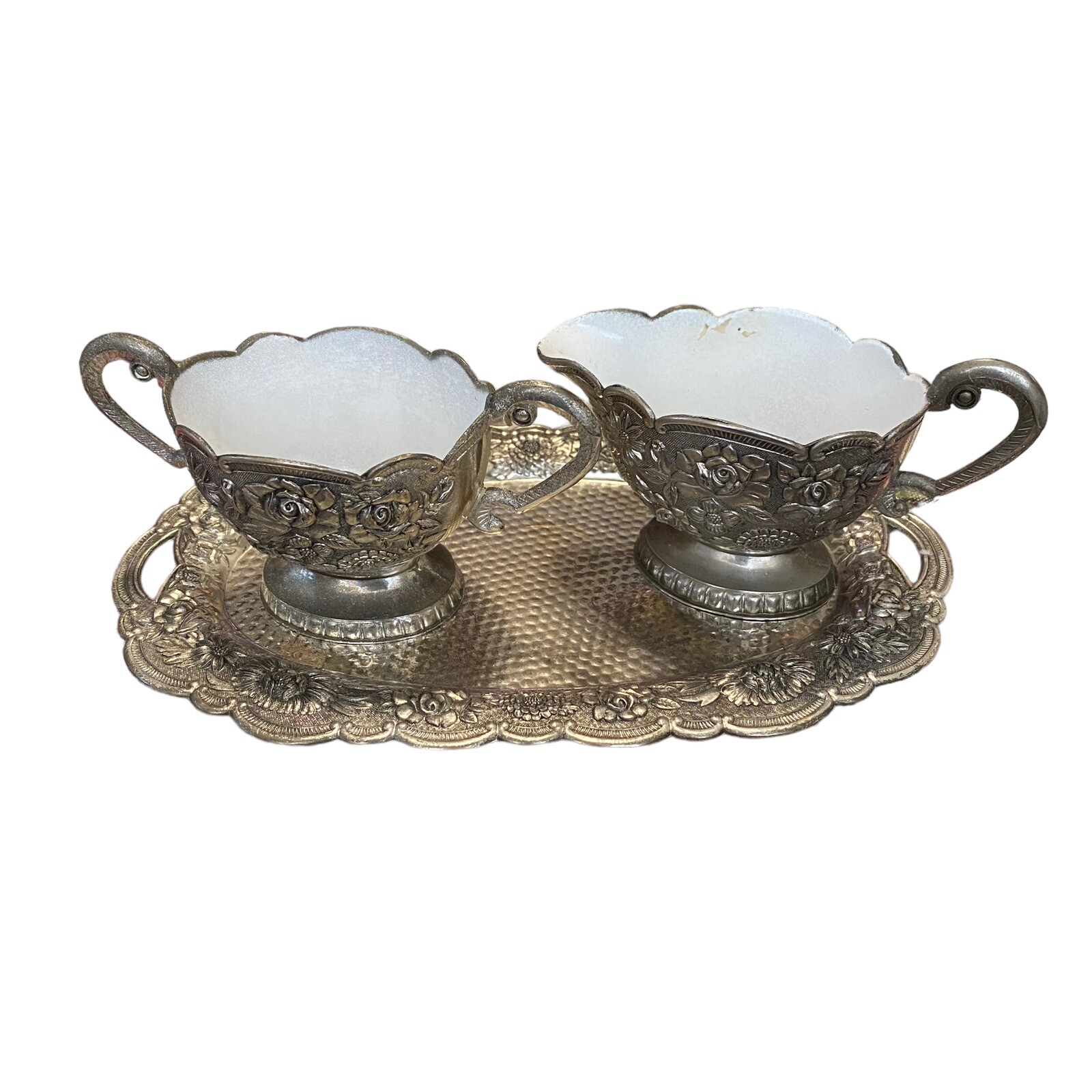 Himark Vintage Sugar Creamer Set with Tray 3pc Silver Rose Embossed
