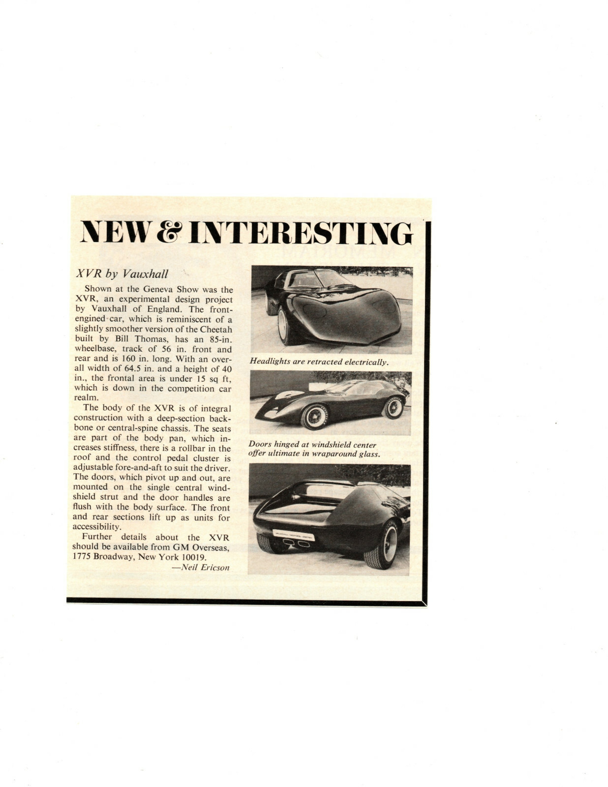 1966 XVR BY VAUXHALL (REMIINISCENT OF BILL THOMAS CHEETAH) ~ ORIG SMALL ARTICLE