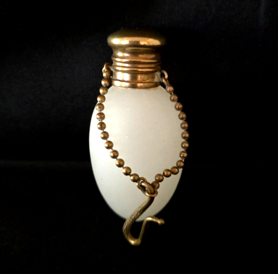 Antique Perfume Bottle French White Opaline Egg with Chatelaine Chain & Hook Antique Perfume Bottle French White Opaline Egg with Chatelaine Chain & Hook