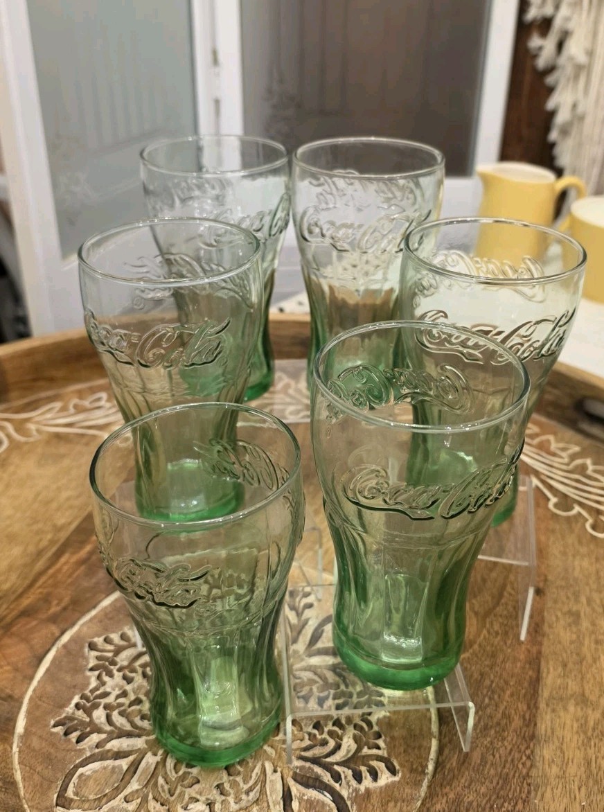 Vintage Coca Cola Green Glass 16oz Contour Tumbler Flared Libbey Coke Cup Lot Of