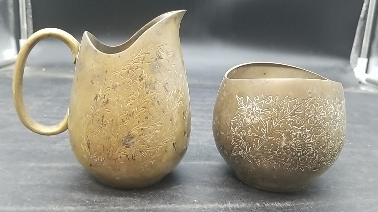 MCM Copper Brass Etched Creamer/Sugar Set India Style