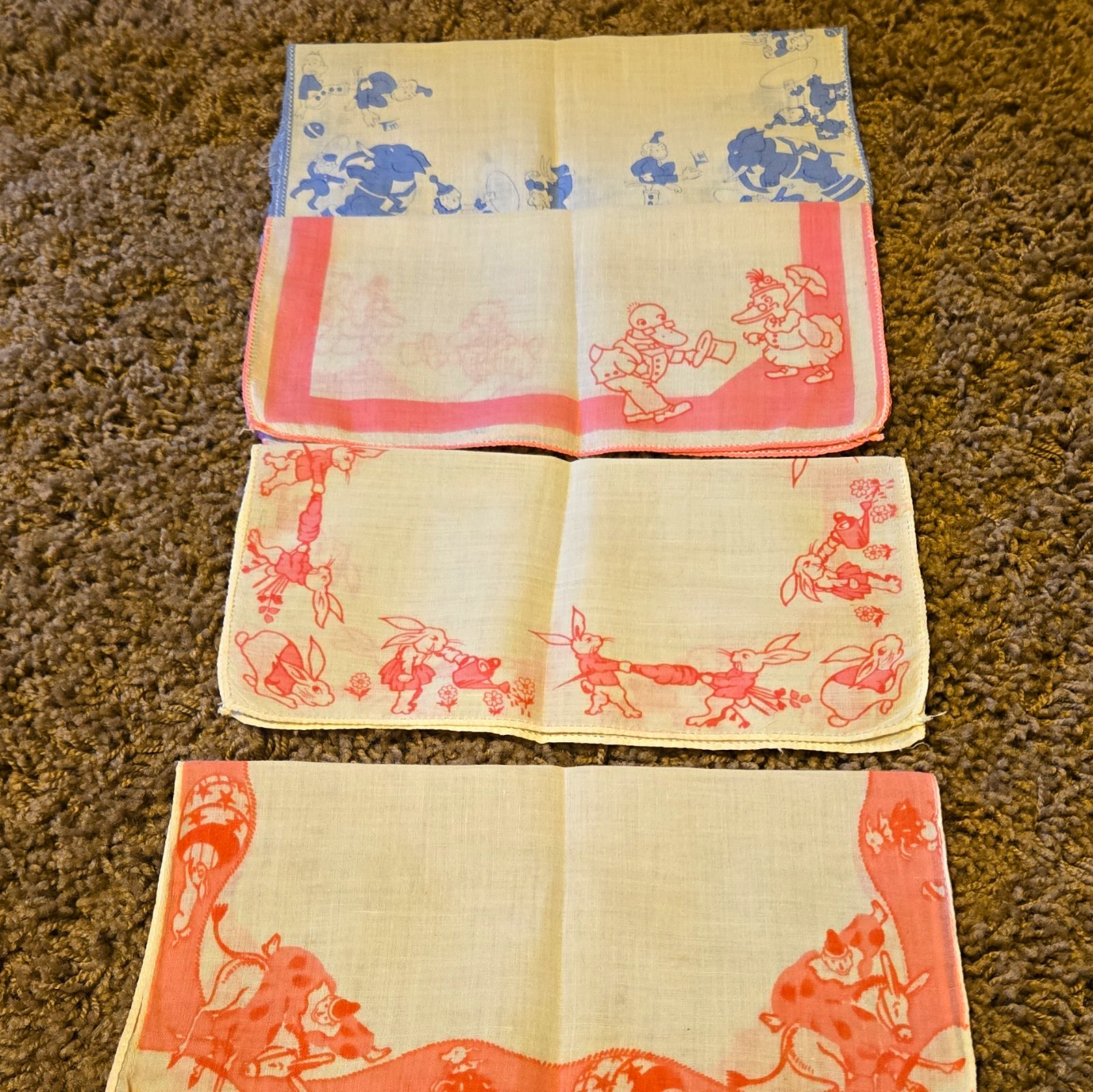 Vintage Lot of 5 Cartoon/Character Animal Print Handkerchiefs / Pink/ Blue/brwn
