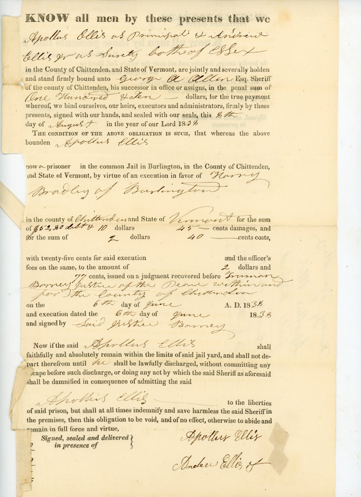 1834 Handwritten Doc Apollus & Andrew Ellis Chittenden County VT Jail Bond