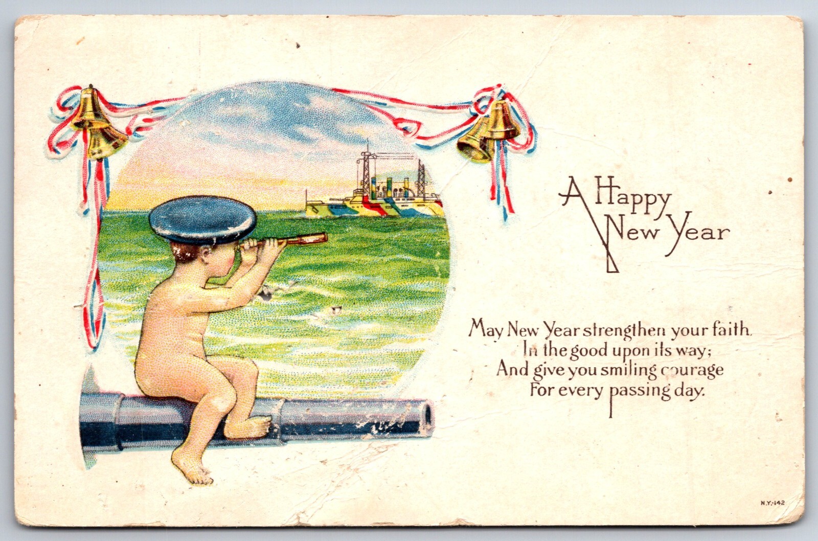 Happy New Year~Sailor W/ Spyglass & Ship Scene~PM 1922~Emb~Vintage Postcard