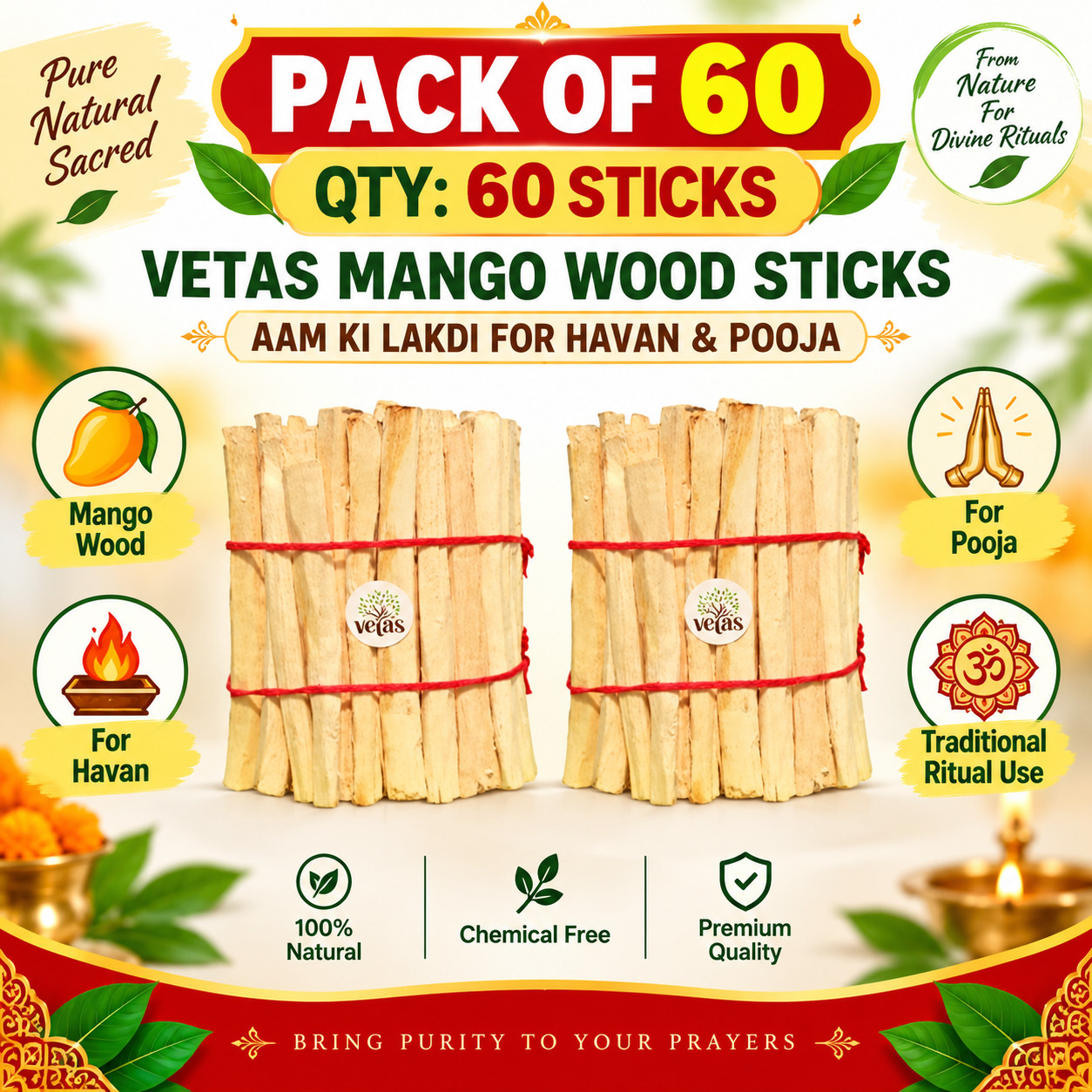 VETAS Mango Wood Sticks for Havan/Aam Ki Lakdi for Pooja (Pack of 60)
