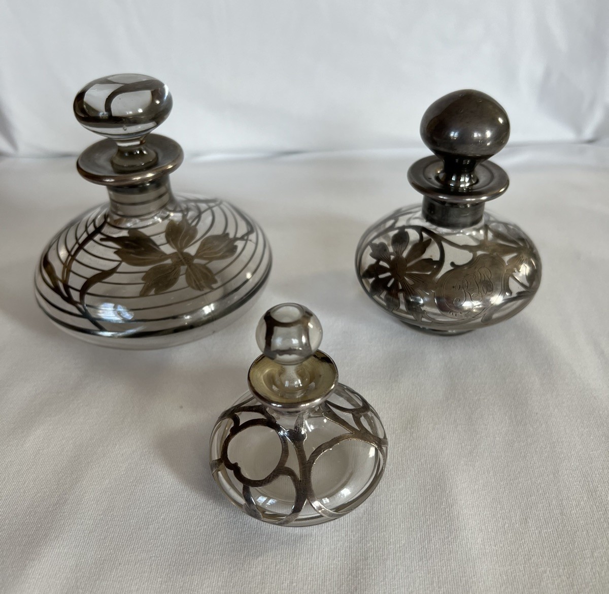3pc Antique Victorian Perfume Set, Peery Estate MO Sterling Monogram Ruby Lynn